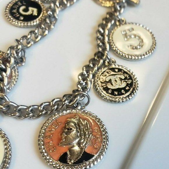 CHANEL ~ Vintage 90's Coco Chanel #5 CC Logo Rhinestone Charm Bracelet - Picture 3 of 8